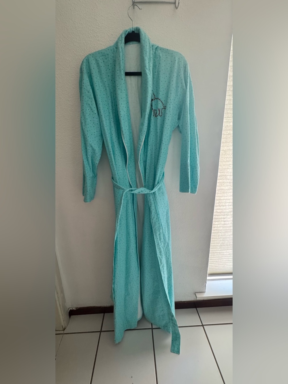 Light Aqua polka dot Women's Plush Robe with Dog Embroidery
